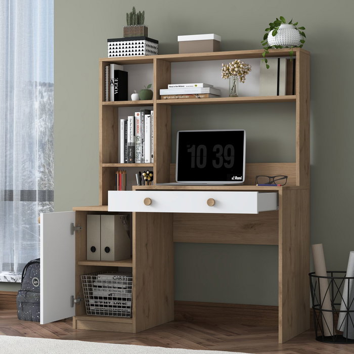 Hanah Home Escritorio de Estudio y Estantería HA126 - 4117 Nogal y Blanco